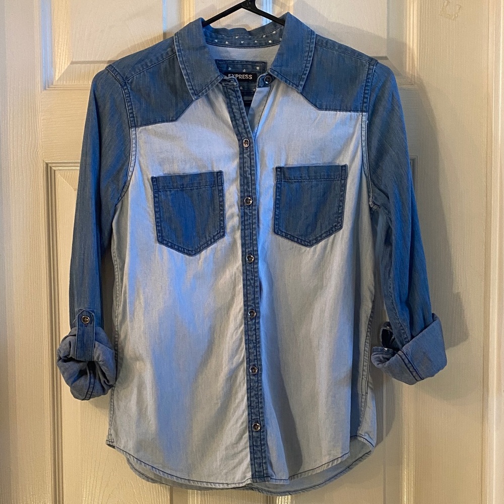 Express Two-Tone Blue Denim Shirt - Picture 3 of 13